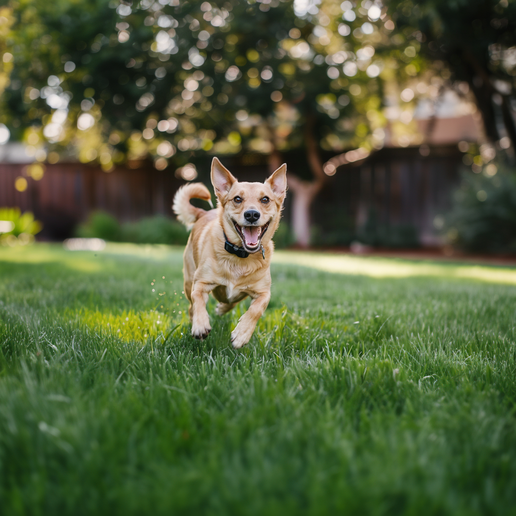 Happy dog running in the yard with his virtual fence collar