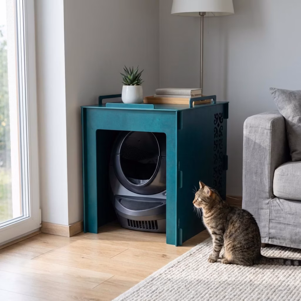 Stylish wood cabinet to hide a litter robot