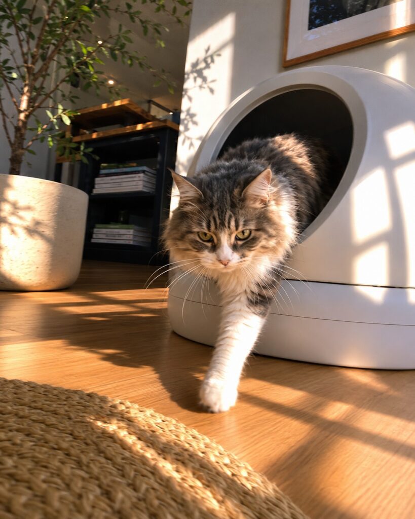 cat uses white litter box pet gadget