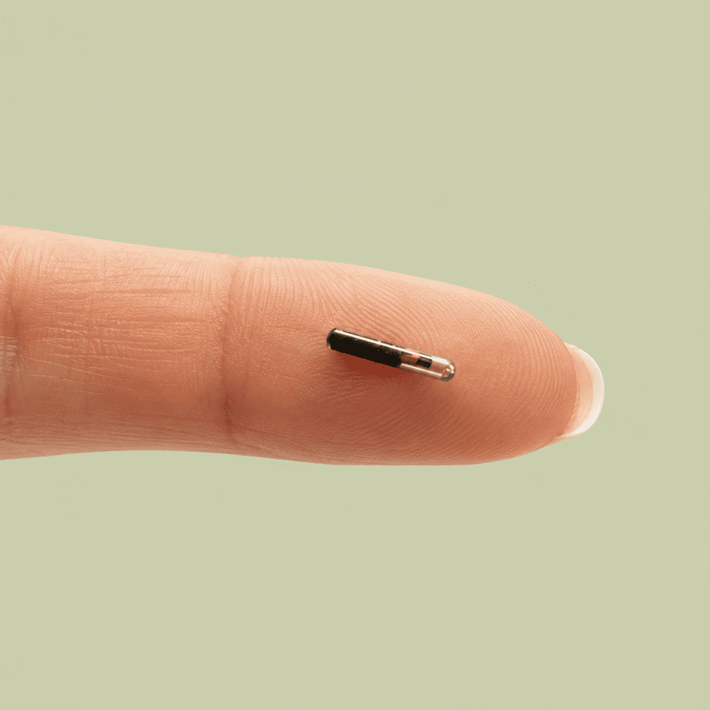 pet microchip on a finger showing small size