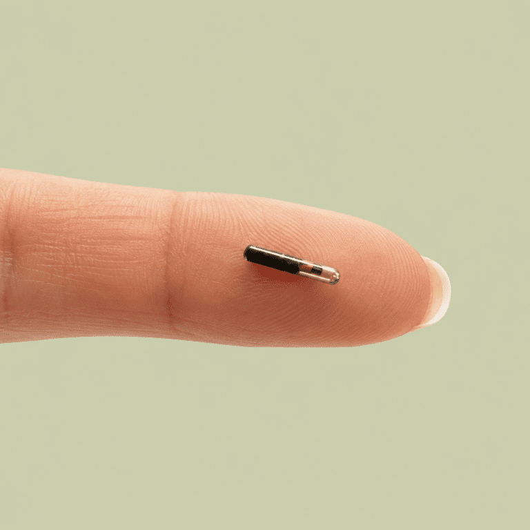 pet microchip on a finger showing small size