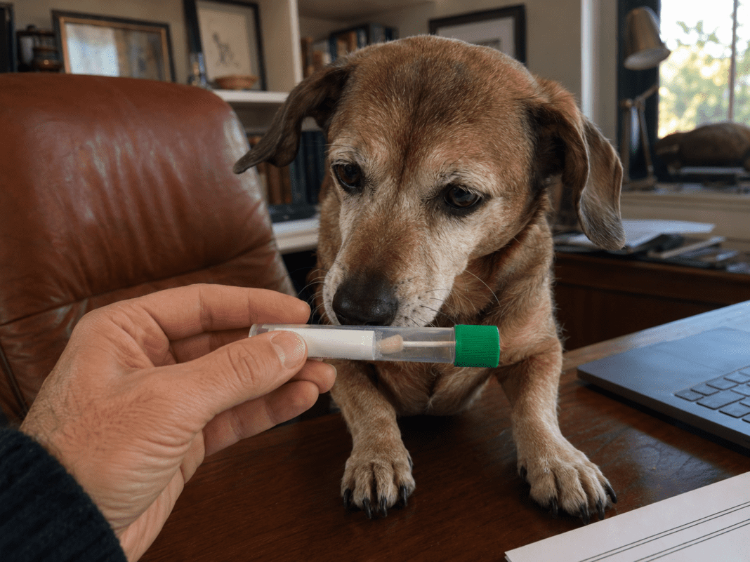 dog inspects sample for canine dna test