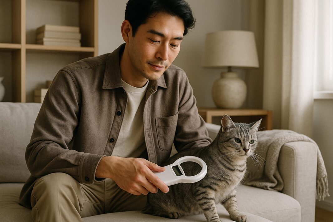 Cat is annoyed when owner uses animal chip scanner to check his microchip