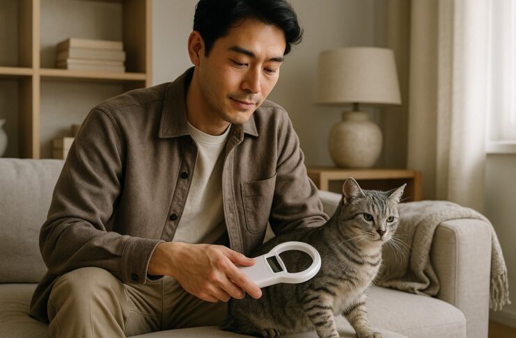 Cat is annoyed when owner uses animal chip scanner to check his microchip