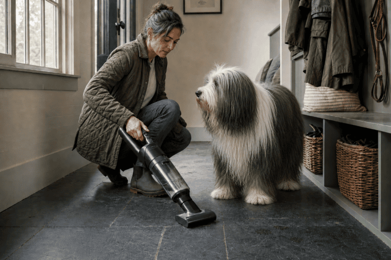 Woman with Long Haired dog needs a pet vacuum