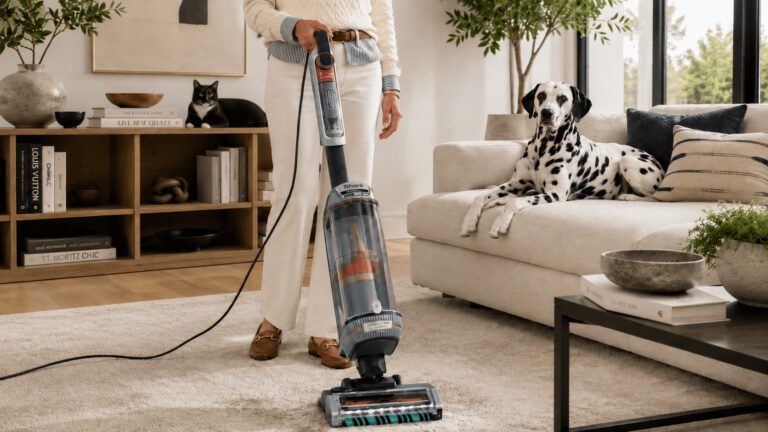 woman cleans living room with best vacuum for pet hair