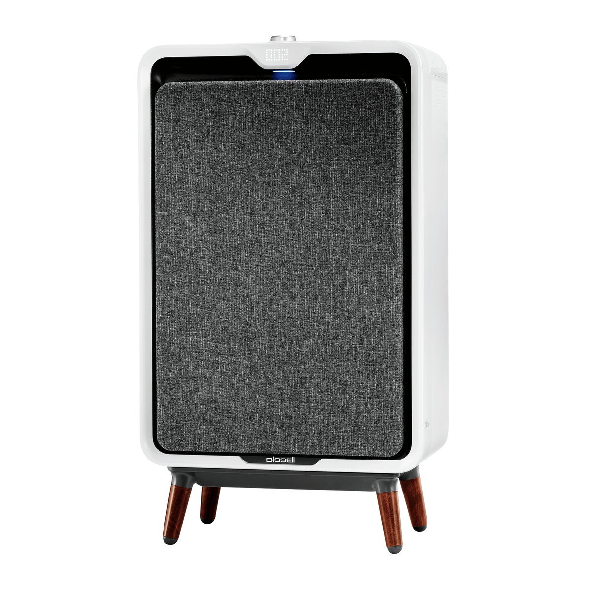 Bissell air320 air purifier with a fabric front and wood legs
