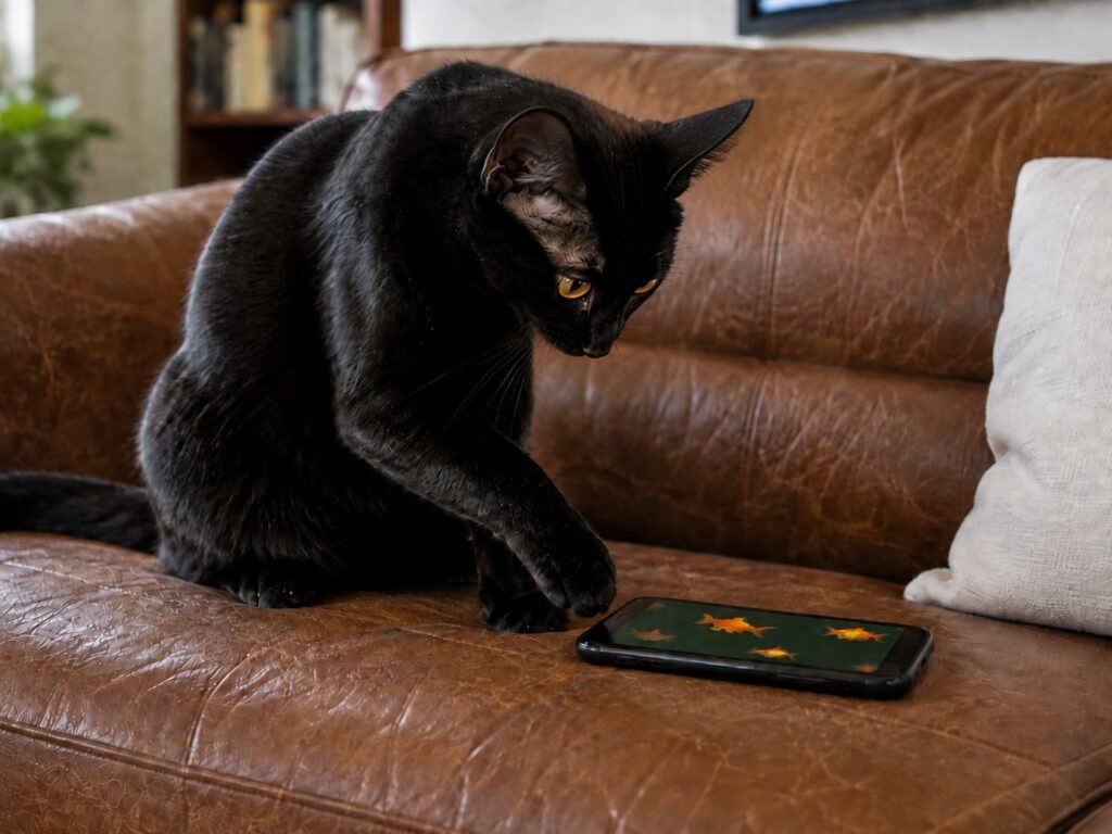 black cat plays with goldfish on iphone