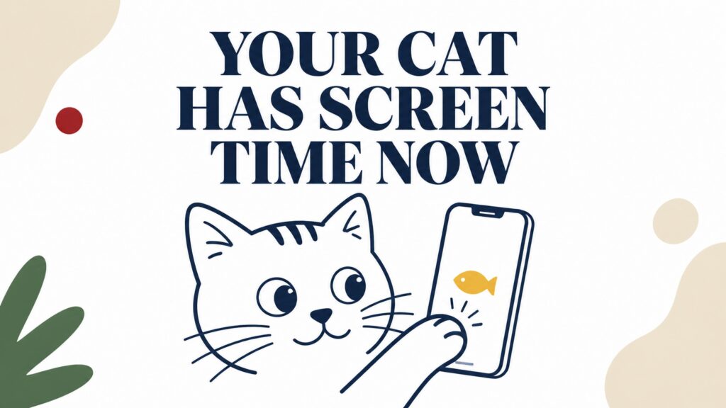 Your cat has screen time now graphic of cat playing with a fish game on a phone