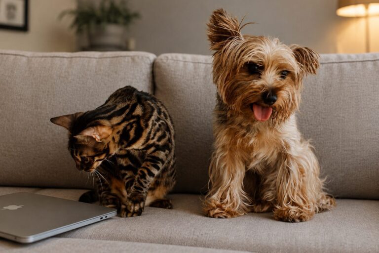 cat and dog sit on couch with a laptop to pick pet gadgets