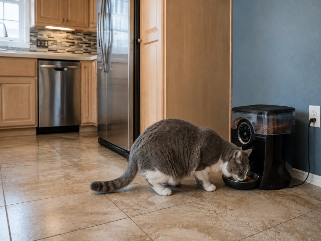 Cat eats Whisker litter robot timed feeder