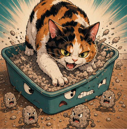 Calico cat digs in cat litter box. vacuum needed!