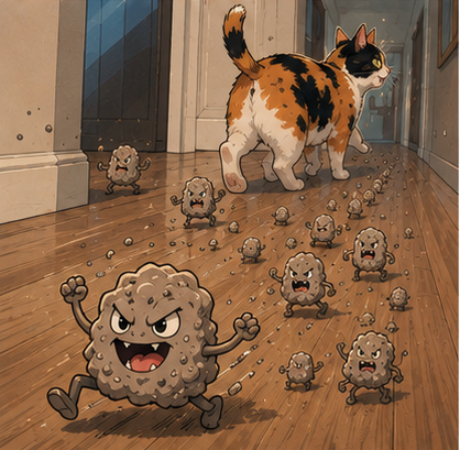 calico cat tracks cat litter monsters down the hallway.