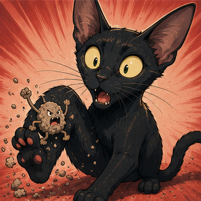 black cat with cat litter monster stuck to foot