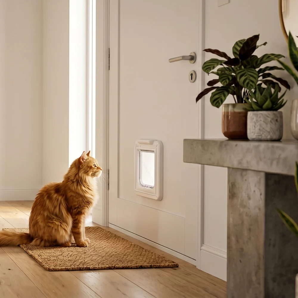 cat contemplates the Closer Pets Cat Mate door