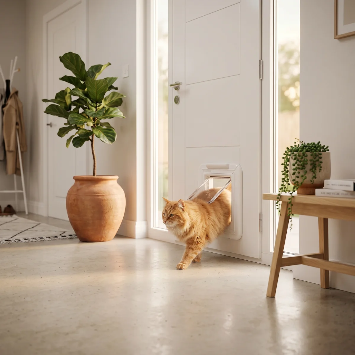 orange cat enters house through closer pets cat mate cat door
