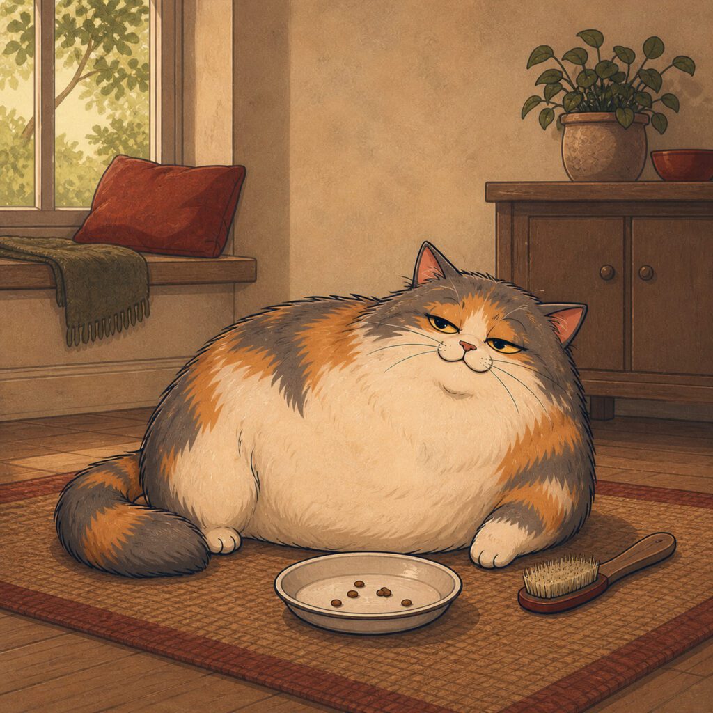 all day nibbler fat calico cat
