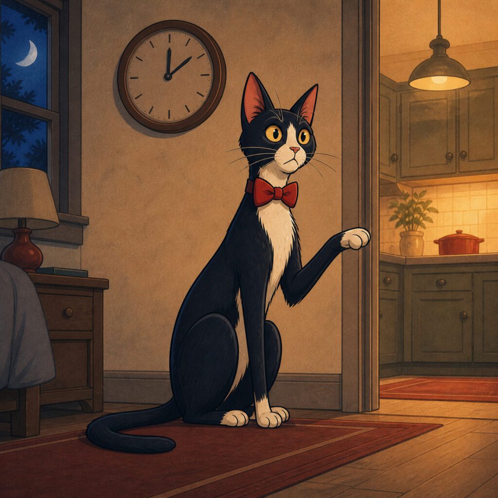 the clock watcher tuxedo cat