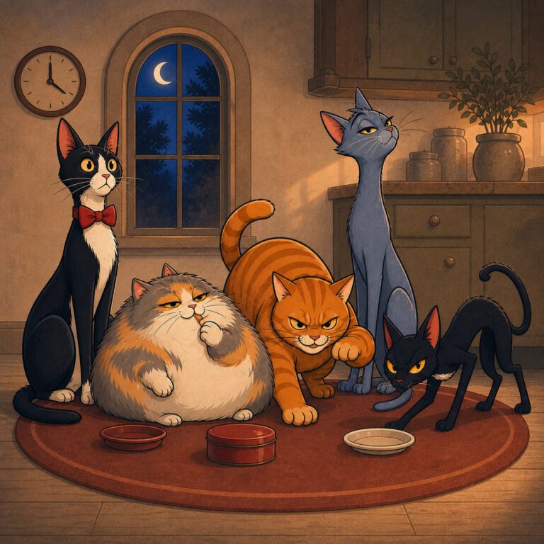 five cartoon cats who need an auto cat food dispenser