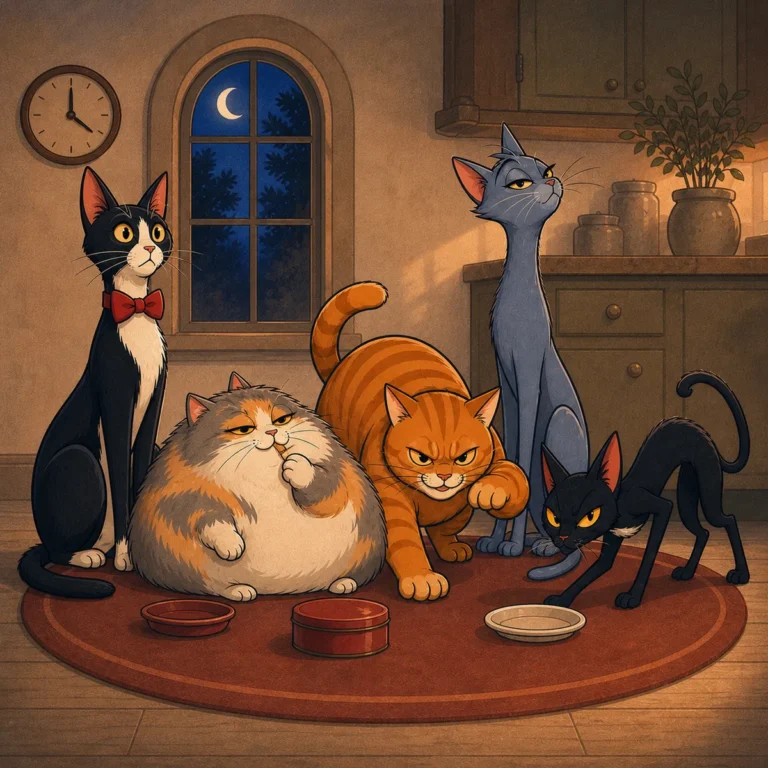 five cartoon cats who need an auto cat food dispenser