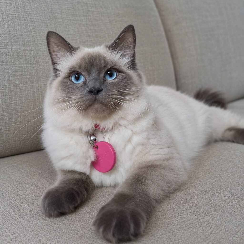 grey long haired cat wearing pink chipolo tracker collar