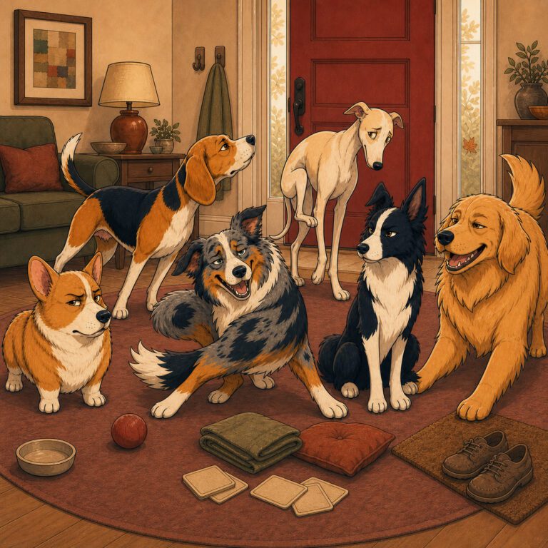 six cartoon dogs deciding if they should use soundboard buttons