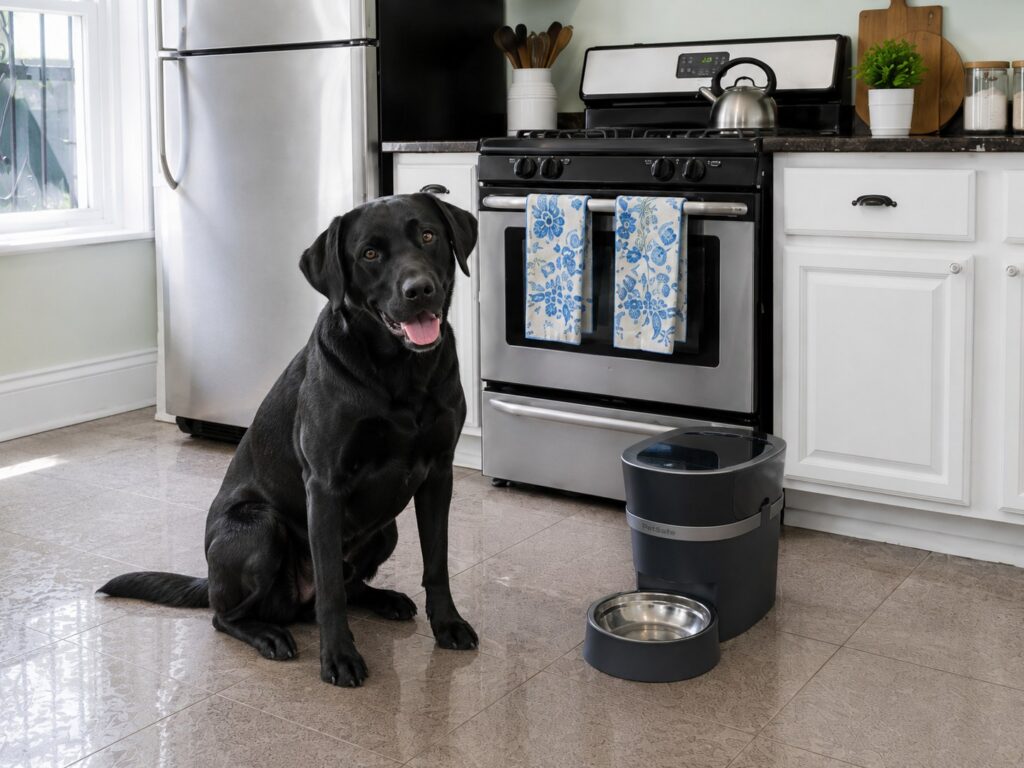 Black Lab with his Petibro smart feeder