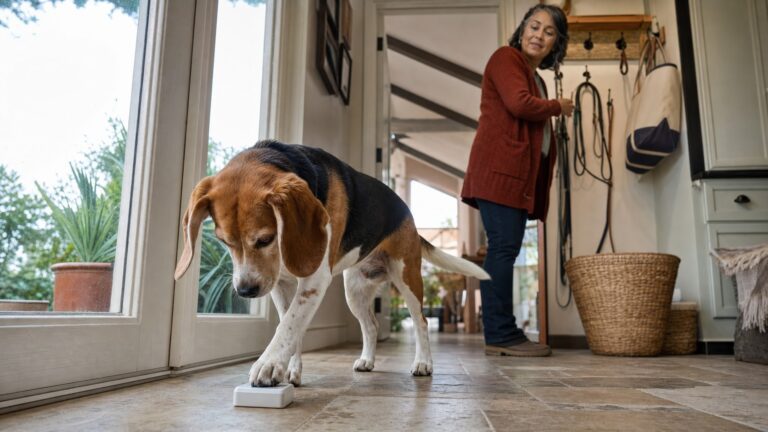 beagle presses dog doorbell