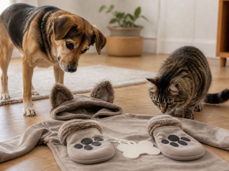 dog and cat check out halloween pet costume from owner who decided to dress up like their pet for halloween