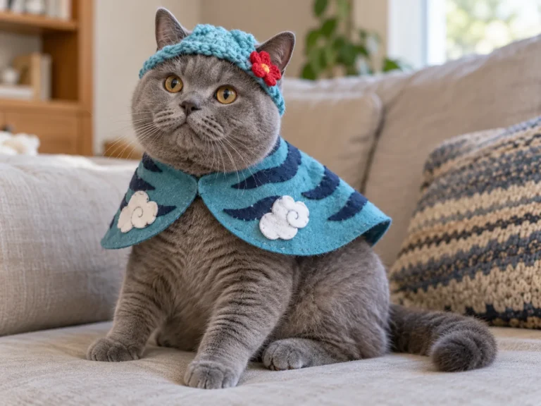 British Shorthair cat in a homemade Derpy Tiger Halloween costume with a teal felt capelet and crochet hat