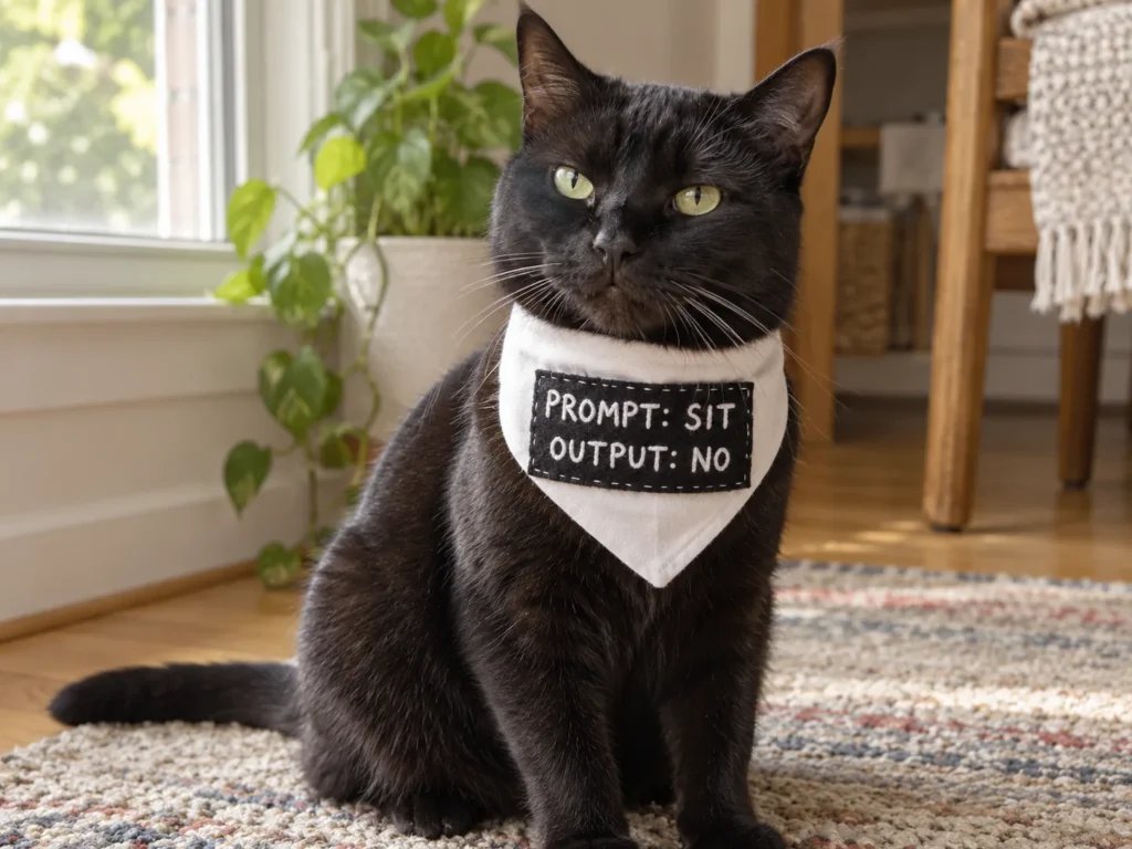 Black cat wearing a homemade CatGPT costume bandana with a felt chat panel reading PROMPT: SIT and OUTPUT: NO