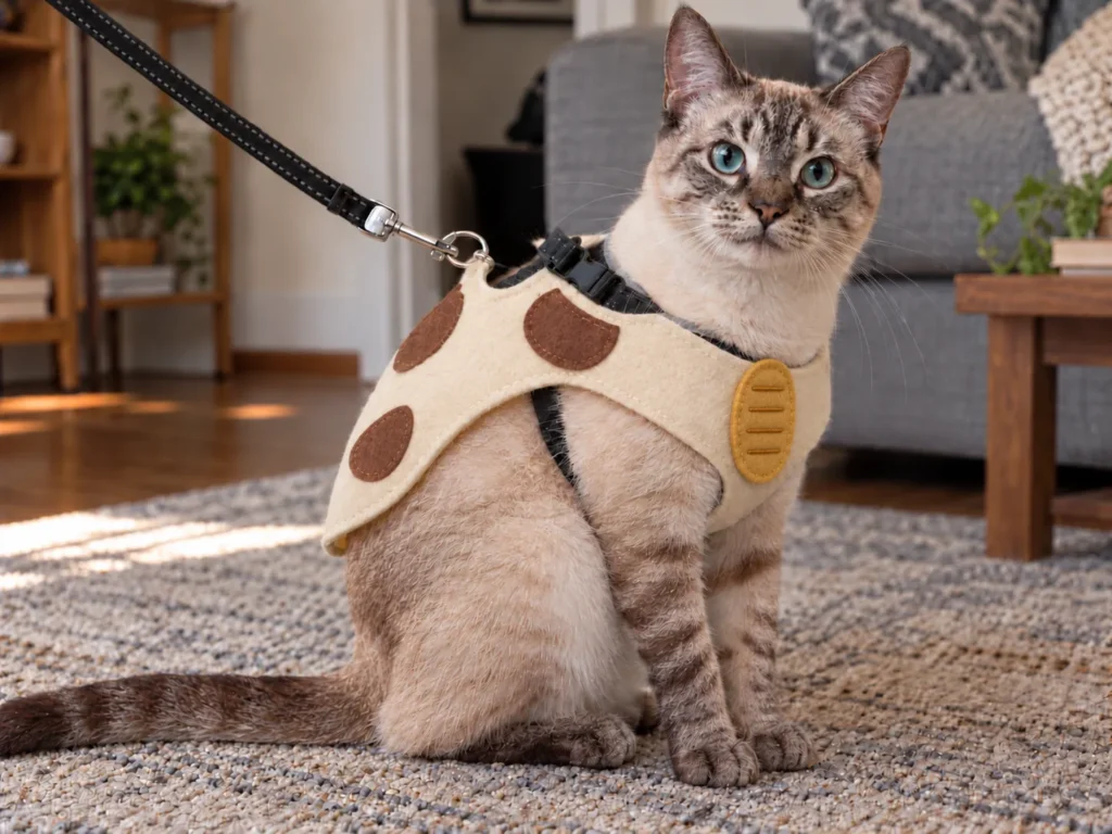 Cream cat wearing a homemade Meowth costume: a felt harness cover with brown shoulder patches and a gold felt coin