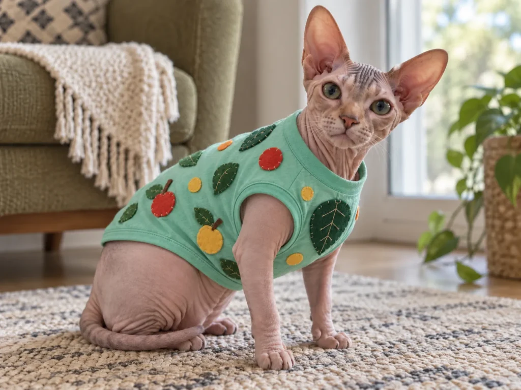Sphynx cat wearing a homemade Animal Crossing island resident sweater with felt leaves, dots and fruit