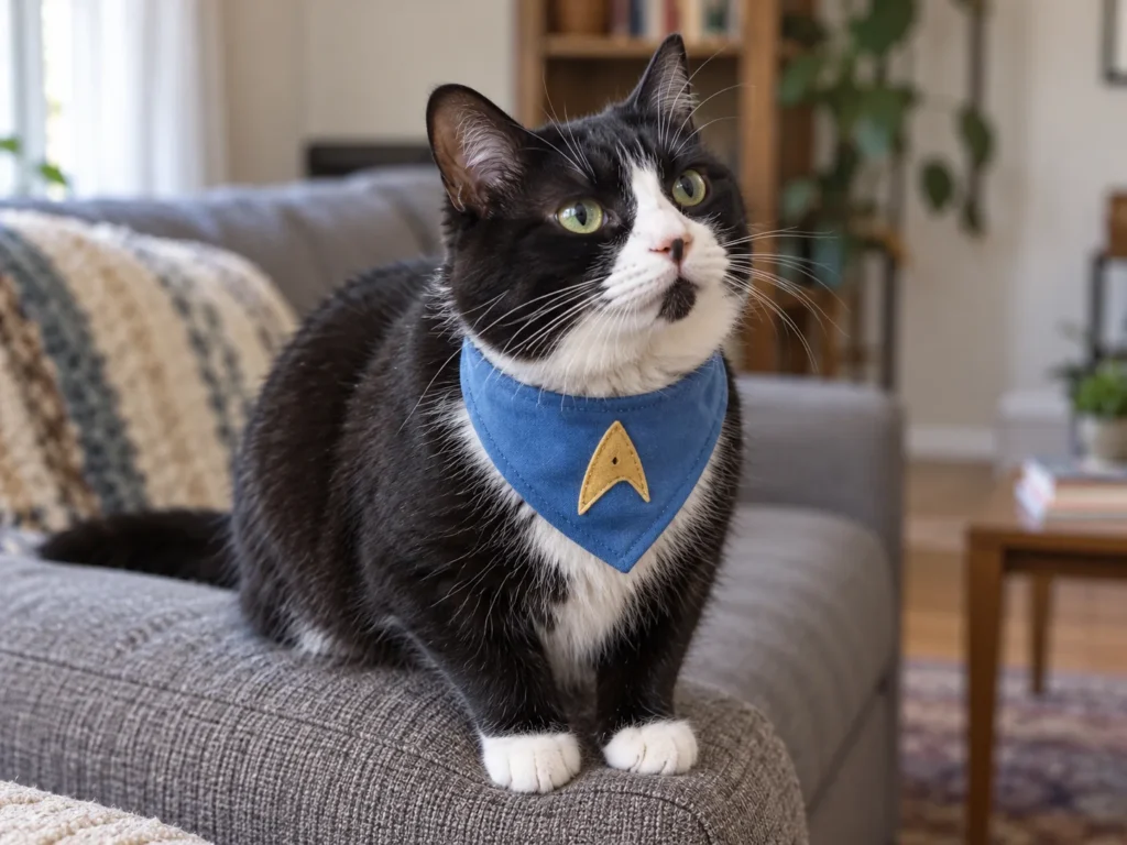 Tuxedo cat on a sofa arm wearing a blue Starfleet science officer bandana with a gold felt insignia