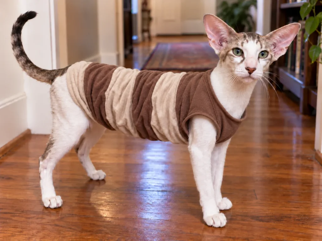 Oriental Shorthair cat wearing a homemade tan sandworm costume made from a ridged T-shirt sleeve