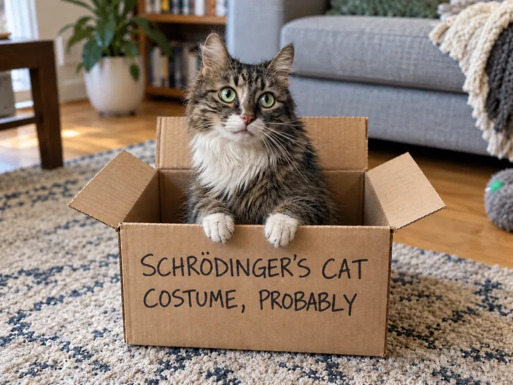 Tabby cat sitting in an open cardboard box hand-lettered Schrödinger's Cat Costume, Probably