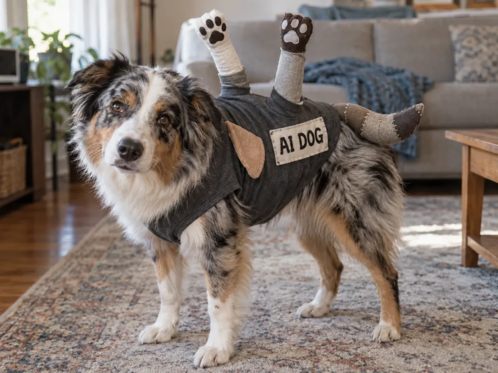 Blue merle Australian Shepherd in a homemade AI-generated dog costume with extra felt paws and an AI DOG patch