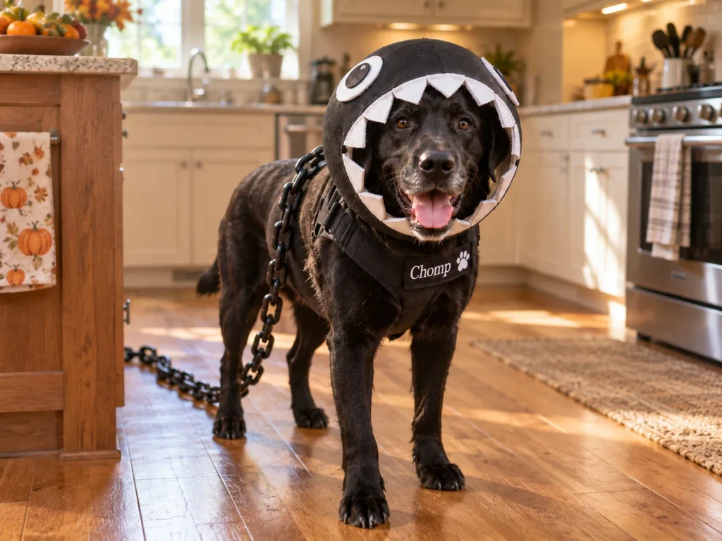 Black Labrador wearing a homemade Chain Chomp dog Halloween costume in a kitchen