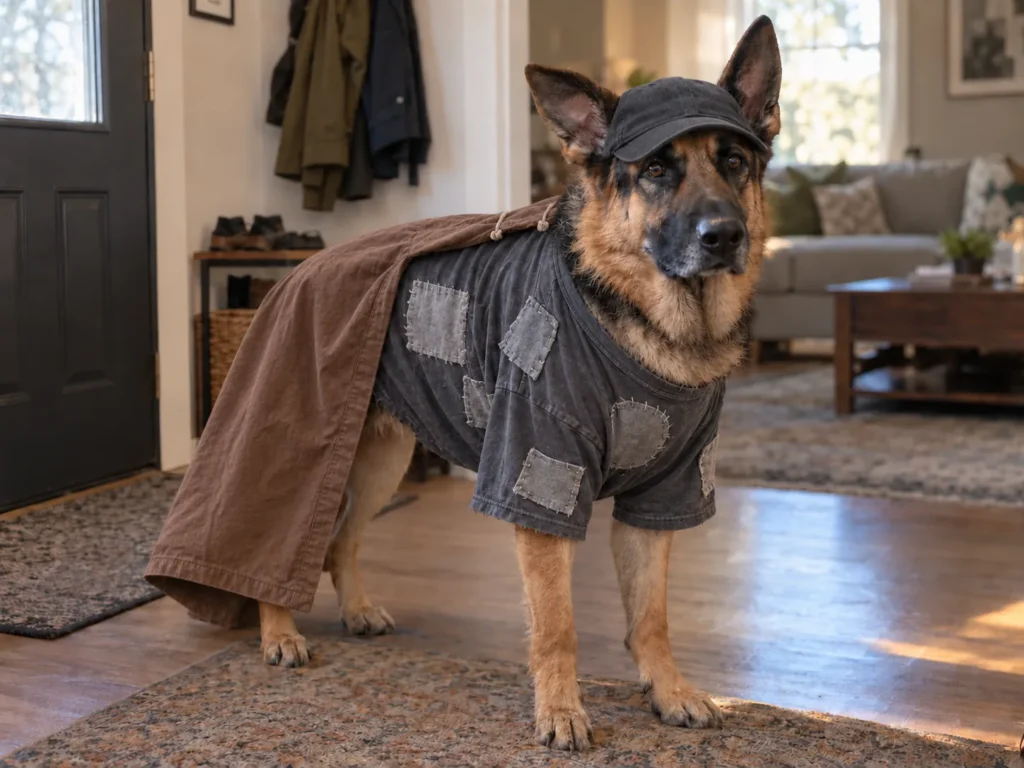 German Shepherd dressed as a Mandalorian bounty hunter in a patched gray shirt, brown cape and gray cap