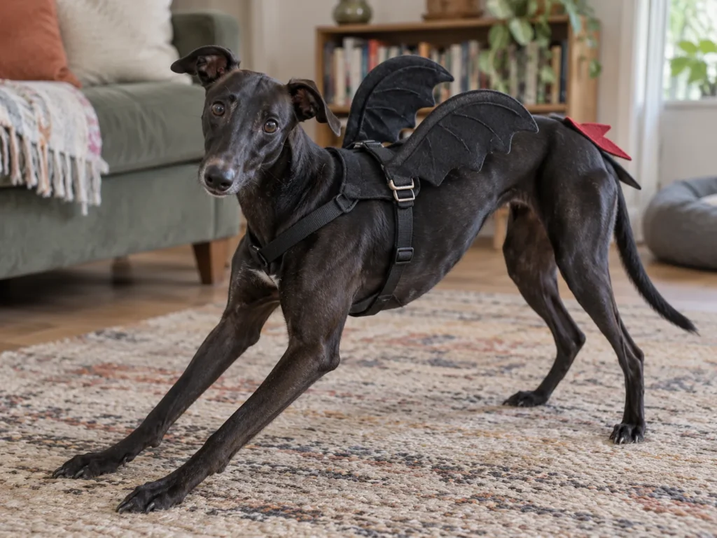 Black Whippet in a play bow wearing felt Toothless dragon wings on its harness