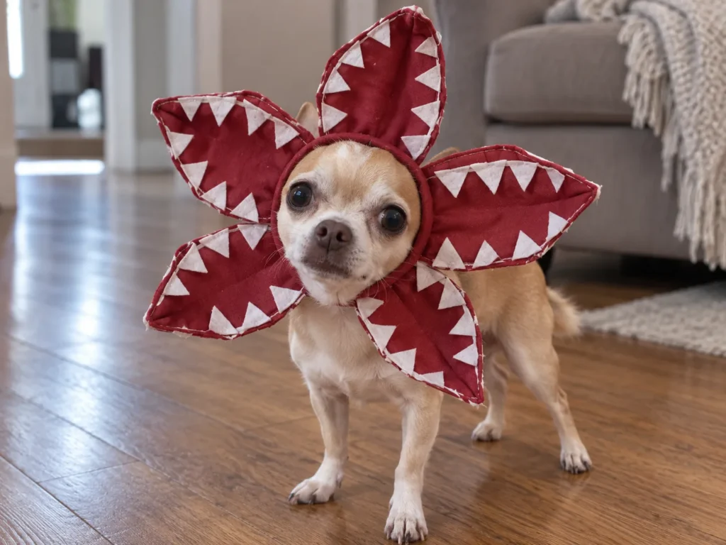 Chihuahua wearing a homemade Stranger Things Demogorgon petal headband