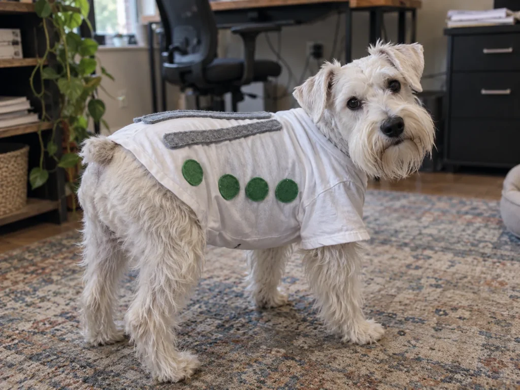 White Miniature Schnauzer dressed as a Wi-Fi router with green felt status lights and felt antennas