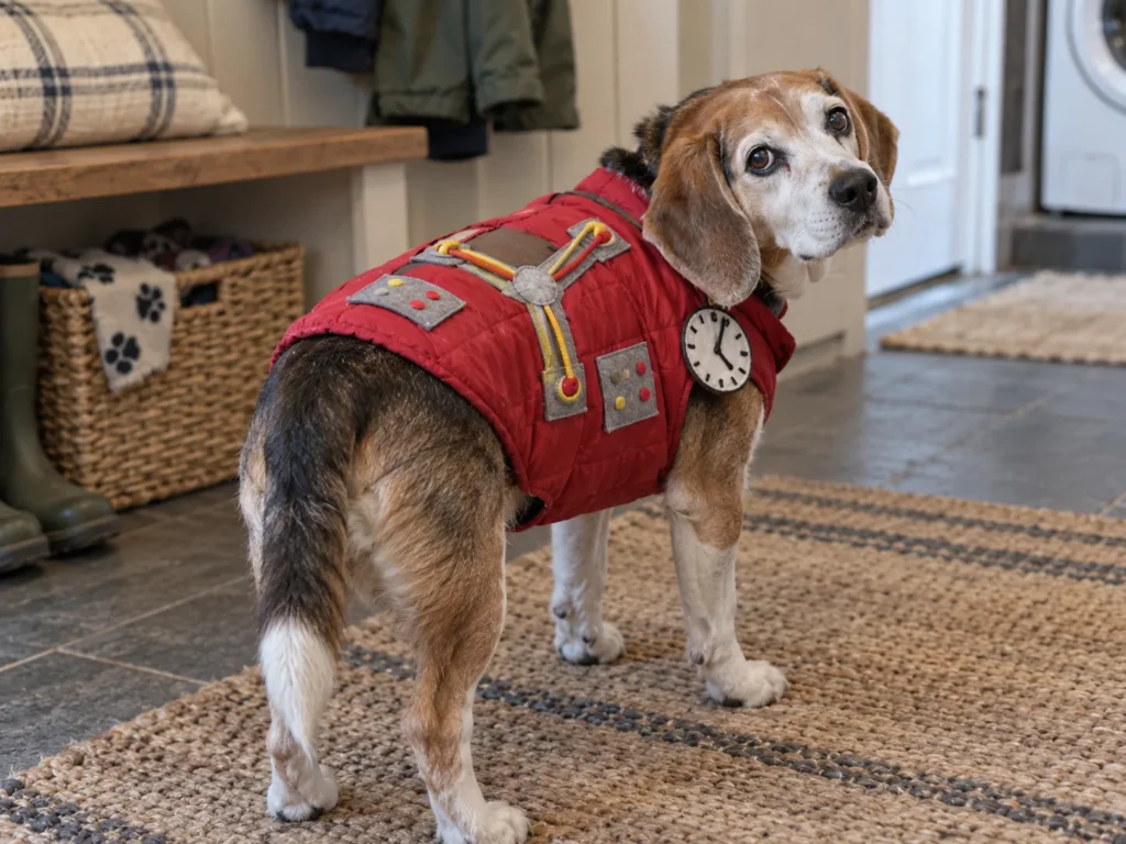 Senior Beagle in a red puffer vest with a homemade flux capacitor, dressed as Back to the Future