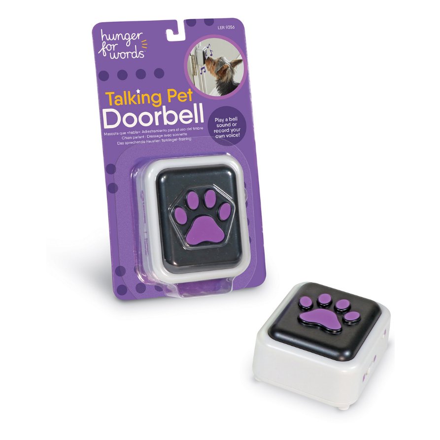 Hunger for Words Talking Pet Doorbell in its package with the doorbell button