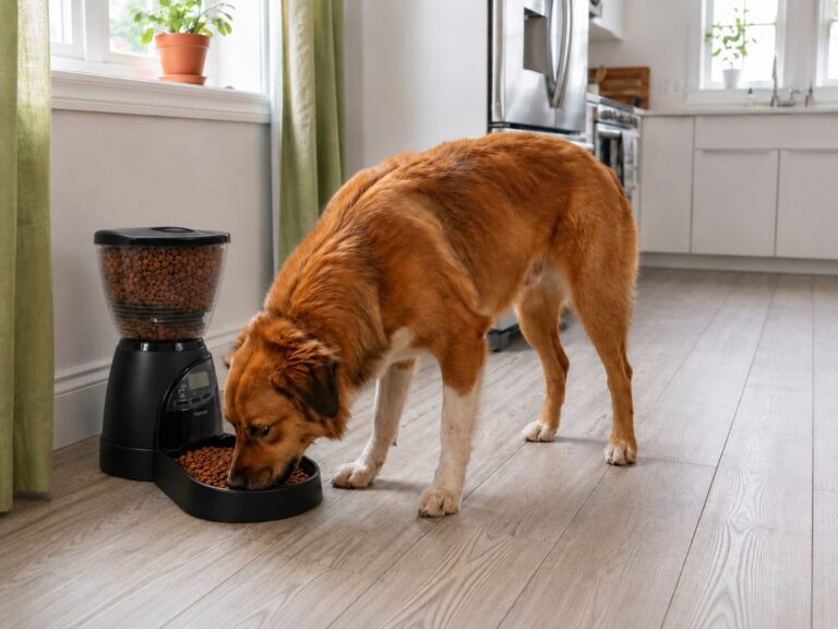 Large dog eats from aspen Petmate feeder