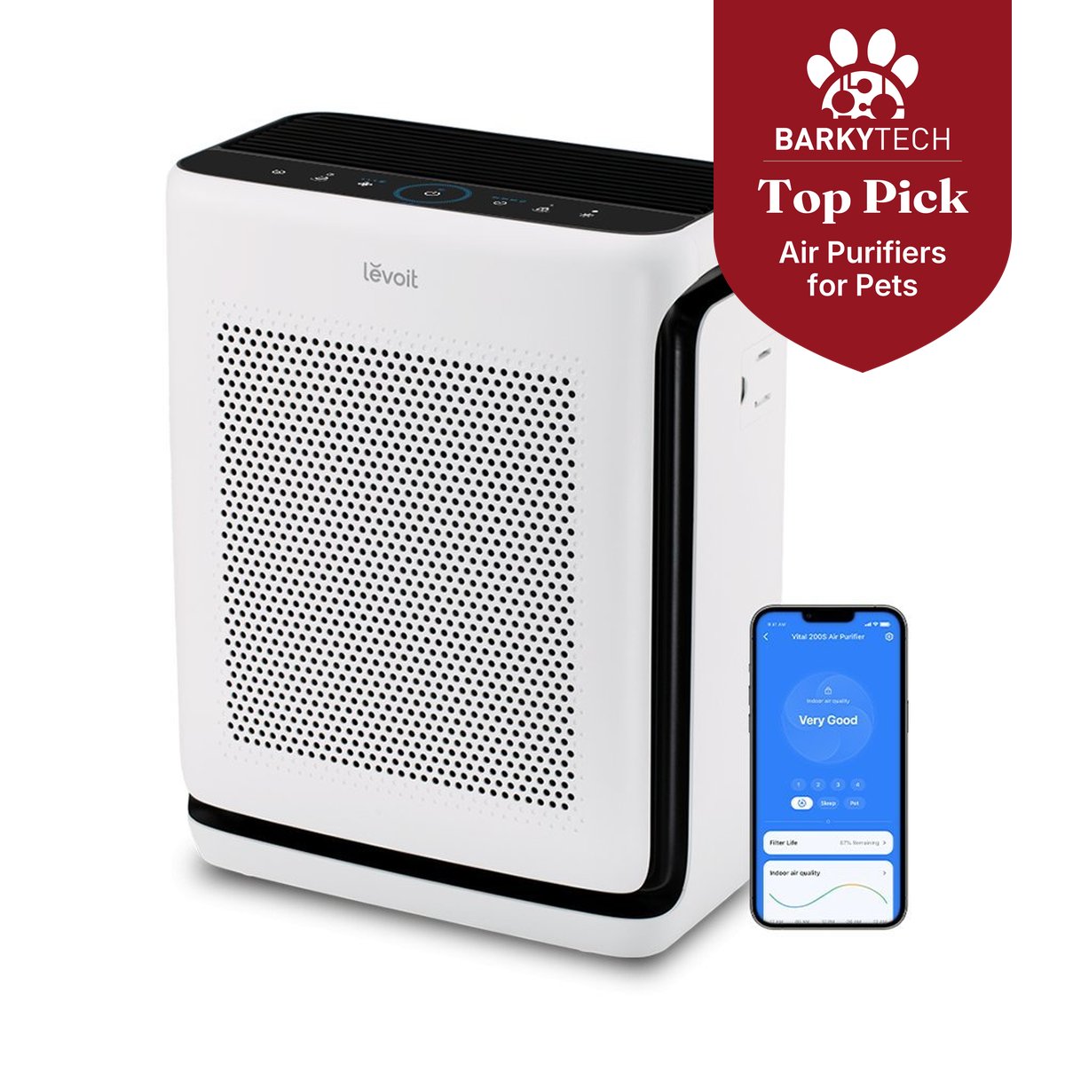 Levoit Vital 200S-P air purifier with the VeSync app open on a phone