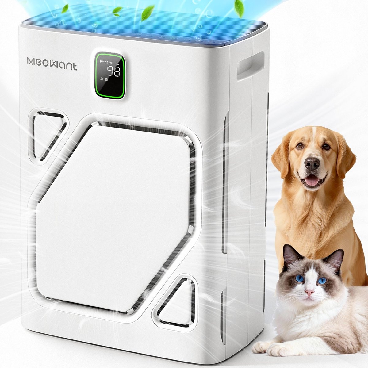 Meowant MW-PA16 pet air purifier beside a golden retriever and a ragdoll cat