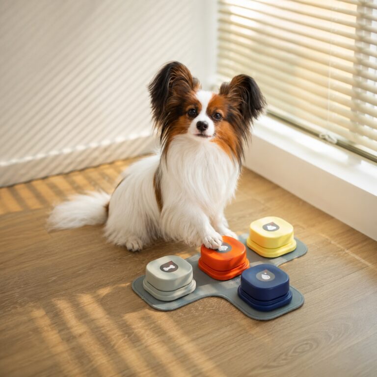 soundboard dog button mat board in front of small dog