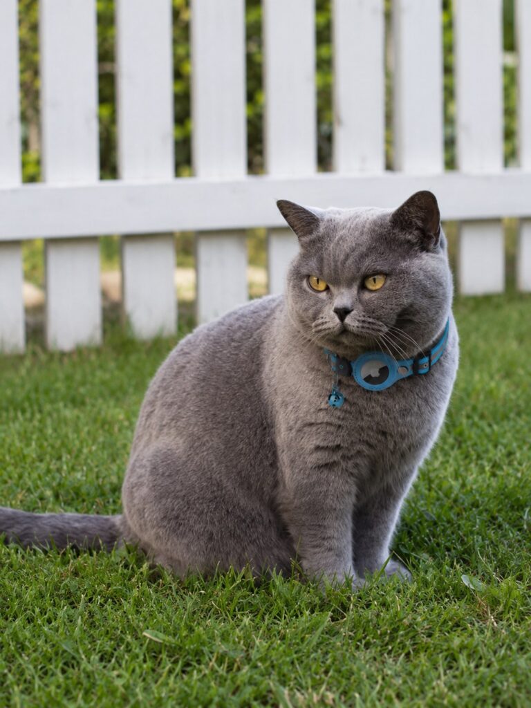 grey shorhair cat sits on lawn wearing apple airtag cat tracker 