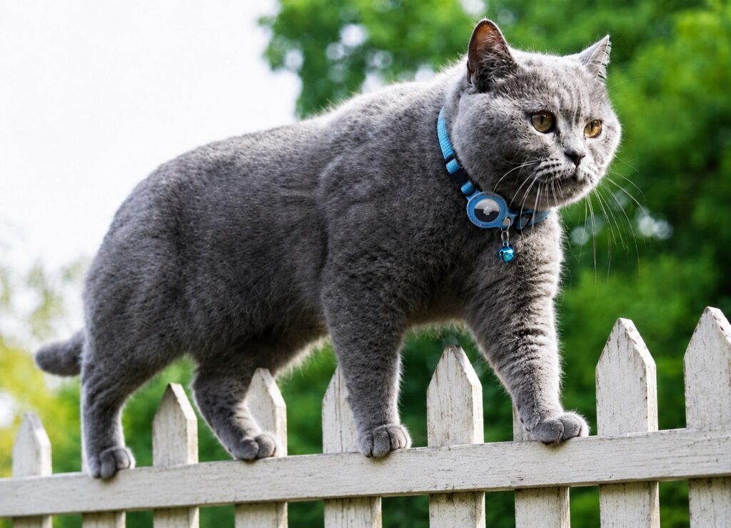 grey shorhair cat walks on fence wearing apple airtag cat tracker 